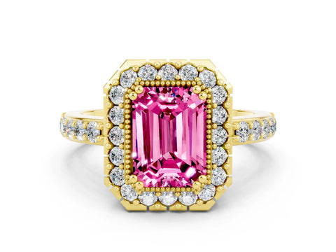 Yellow gold Emerald Cut Pink Sapphire Halo Ring with Pavé Band and Prong Setting