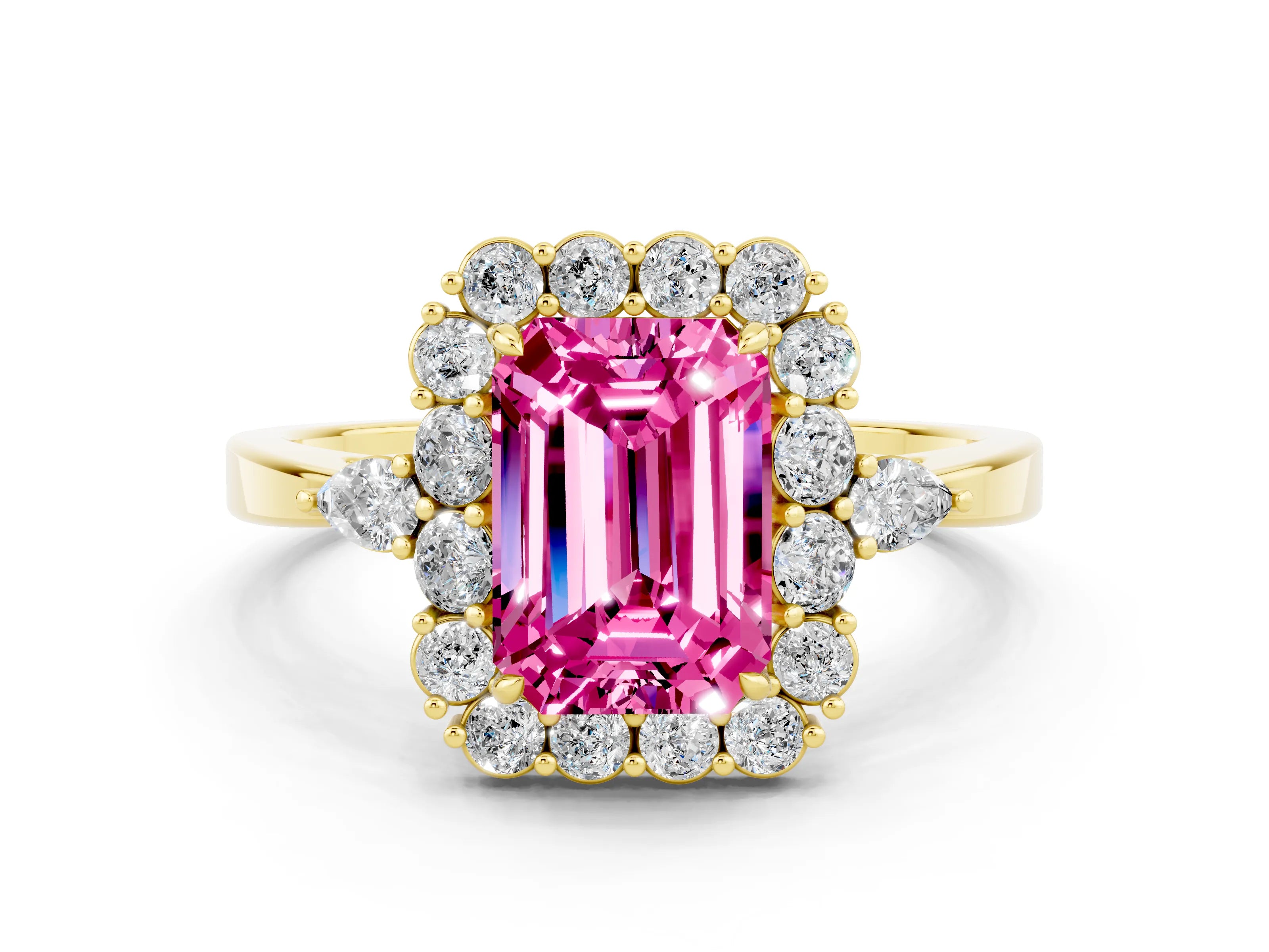 Yellow gold Emerald Cut Pink Sapphire Halo Ring with Pear Side Stones and Prong Setting_12