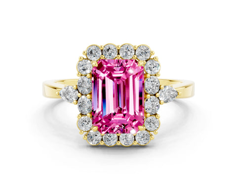 Yellow gold Emerald Cut Pink Sapphire Halo Ring with Pear Side Stones and Prong Setting_12