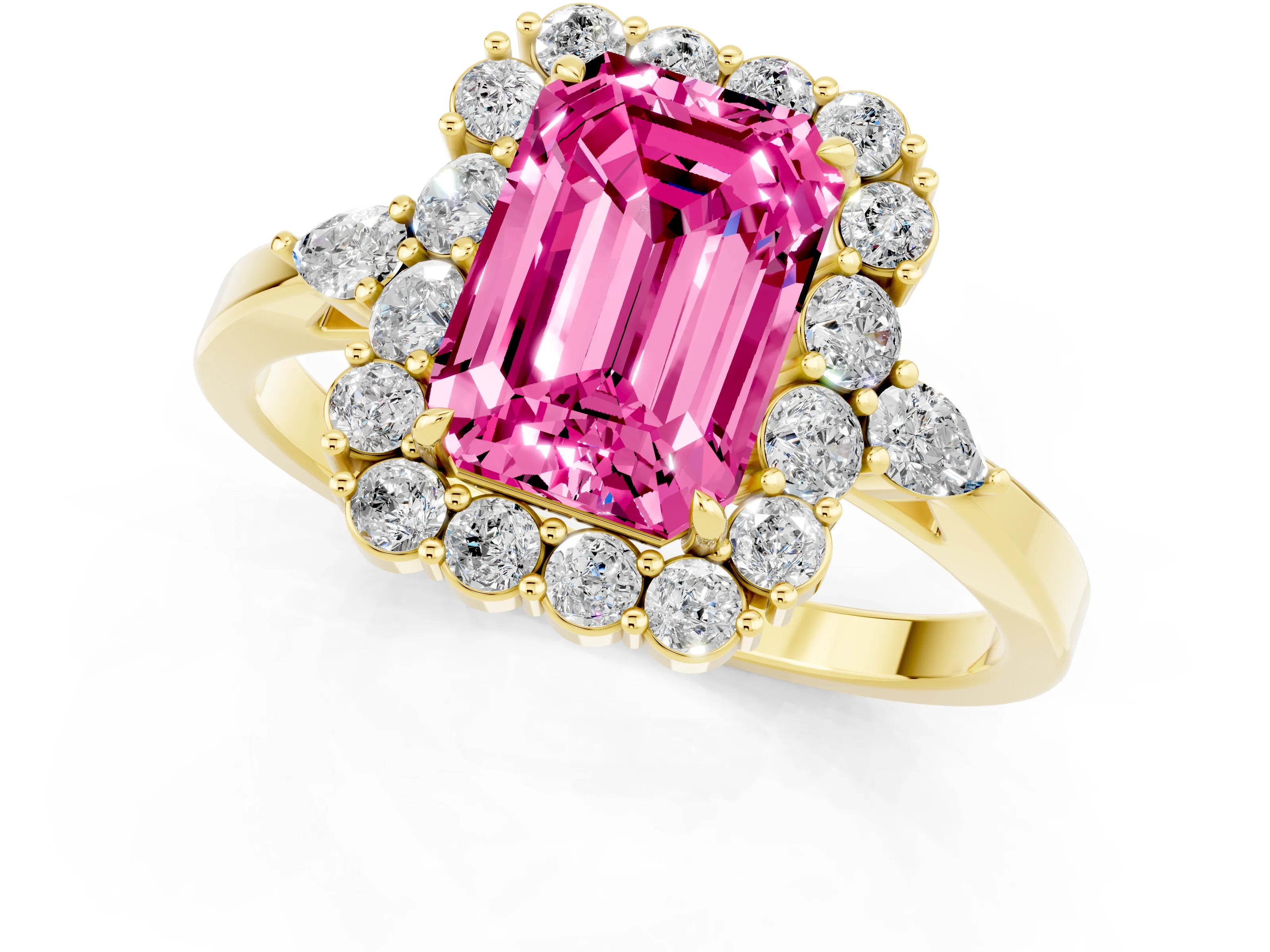 Yellow gold Emerald Cut Pink Sapphire Halo Ring with Pear Side Stones and Prong Setting_13