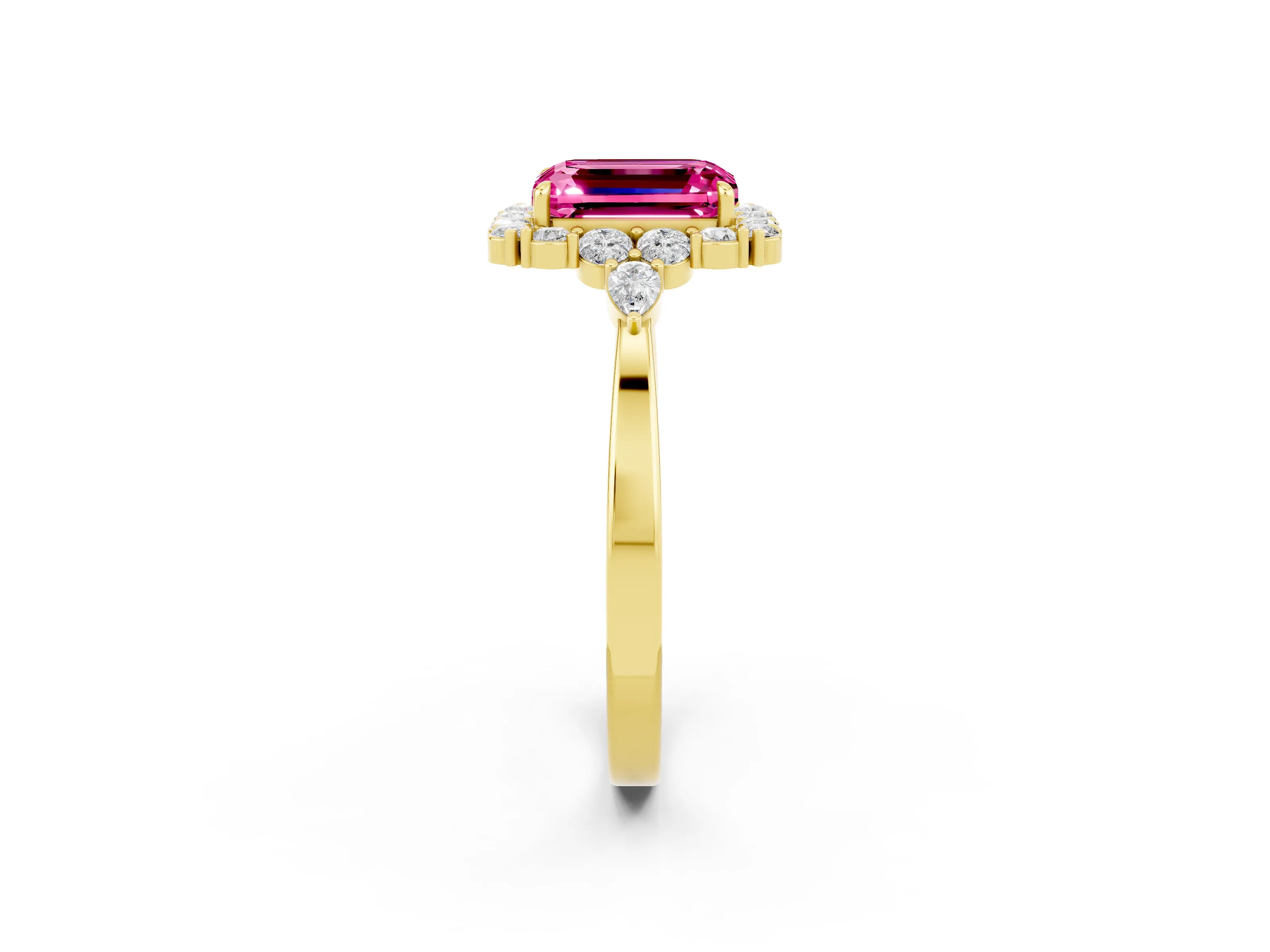 Yellow gold Emerald Cut Pink Sapphire Halo Ring with Pear Side Stones and Prong Setting_14