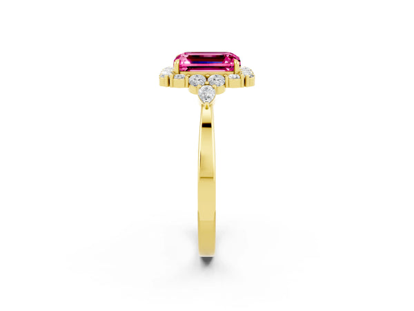 Yellow gold Emerald Cut Pink Sapphire Halo Ring with Pear Side Stones and Prong Setting