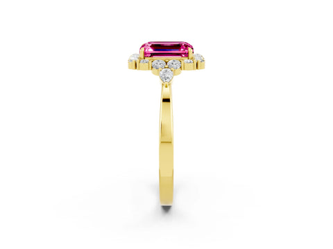 Yellow gold Emerald Cut Pink Sapphire Halo Ring with Pear Side Stones and Prong Setting_14