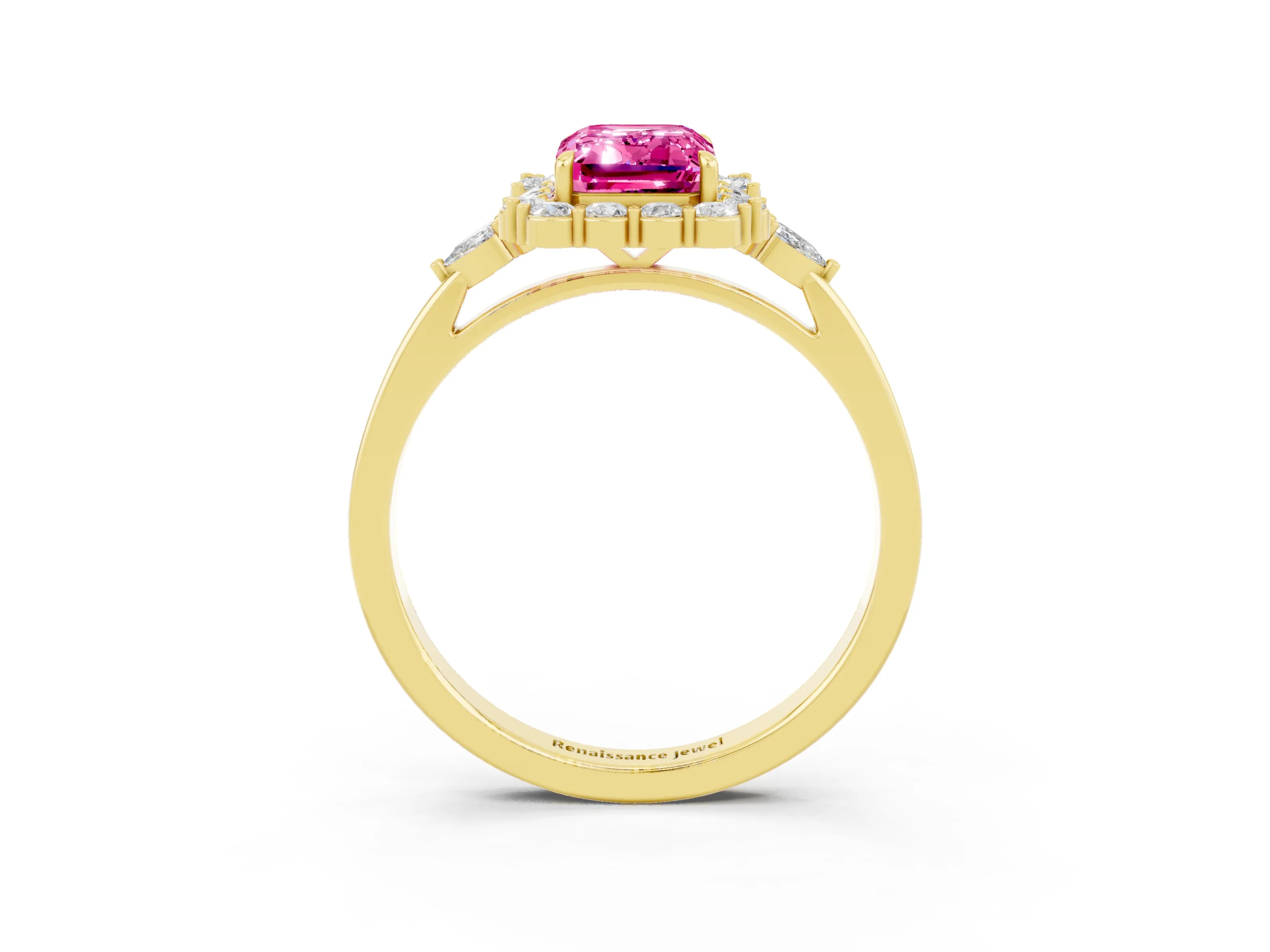 Yellow gold Emerald Cut Pink Sapphire Halo Ring with Pear Side Stones and Prong Setting_15