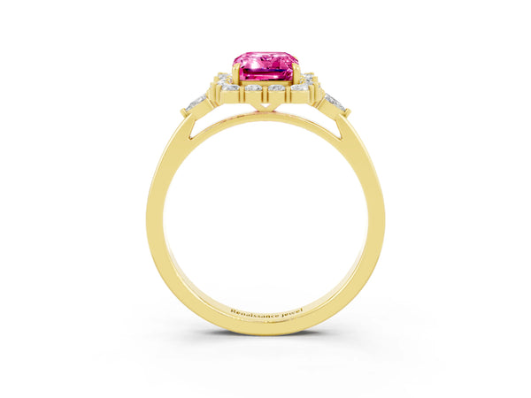 Yellow gold Emerald Cut Pink Sapphire Halo Ring with Pear Side Stones and Prong Setting