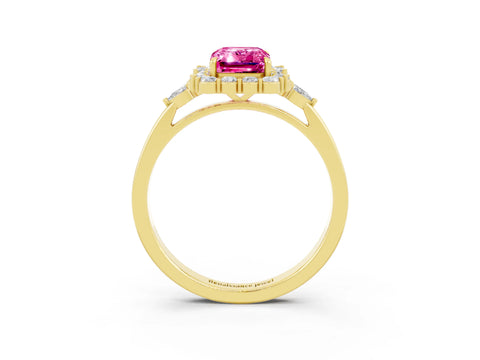 Yellow gold Emerald Cut Pink Sapphire Halo Ring with Pear Side Stones and Prong Setting_15