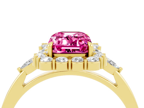 Yellow gold Emerald Cut Pink Sapphire Halo Ring with Pear Side Stones and Prong Setting_16