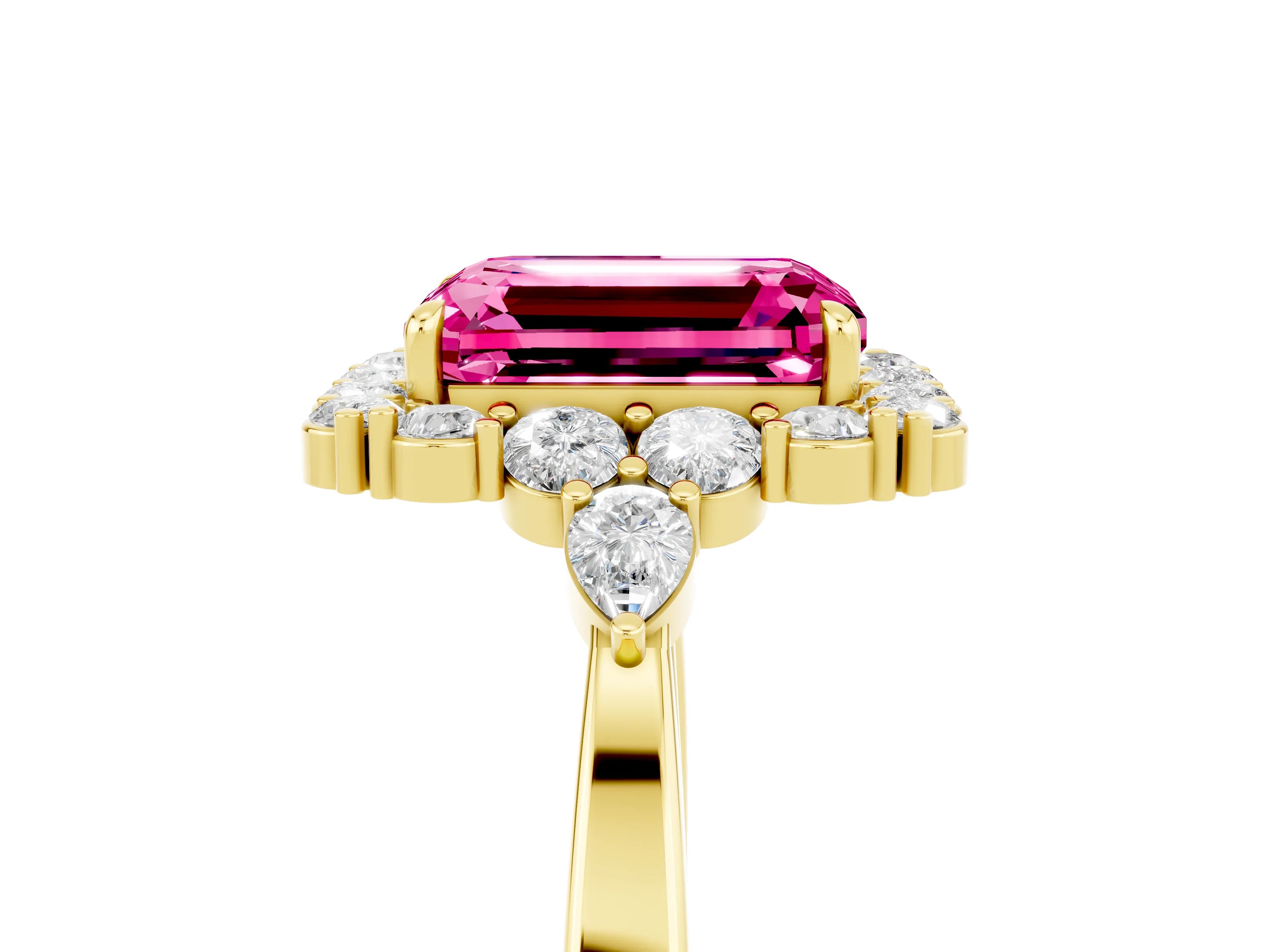 Yellow gold Emerald Cut Pink Sapphire Halo Ring with Pear Side Stones and Prong Setting_17