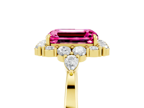 Yellow gold Emerald Cut Pink Sapphire Halo Ring with Pear Side Stones and Prong Setting_17