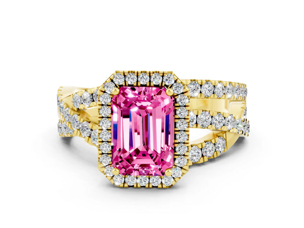 Yellow gold Emerald Cut Pink Sapphire Halo Ring with Round Split Shank and Prong Setting