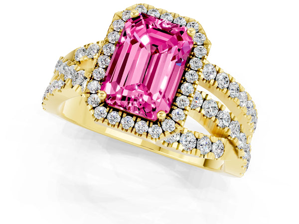 Yellow gold Emerald Cut Pink Sapphire Halo Ring with Round Split Shank and Prong Setting