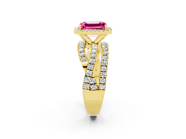 Yellow gold Emerald Cut Pink Sapphire Halo Ring with Round Split Shank and Prong Setting