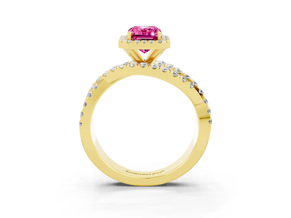 Yellow gold Emerald Cut Pink Sapphire Halo Ring with Round Split Shank and Prong Setting