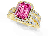 Yellow gold Emerald Cut Pink Sapphire Halo Ring with Round Split Shank and Prong Setting_49