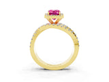 Yellow gold Emerald Cut Pink Sapphire Halo Ring with Round Split Shank and Prong Setting_51