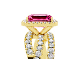 Yellow gold Emerald Cut Pink Sapphire Halo Ring with Round Split Shank and Prong Setting_53