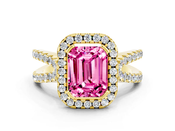 Yellow gold Emerald Cut Pink Sapphire Halo Ring with Split Shank Pavé Band and Prong Setting