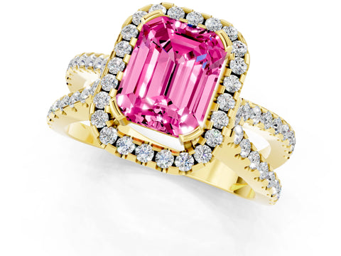 Yellow gold Emerald Cut Pink Sapphire Halo Ring with Split Shank Pavé Band and Prong Setting_13