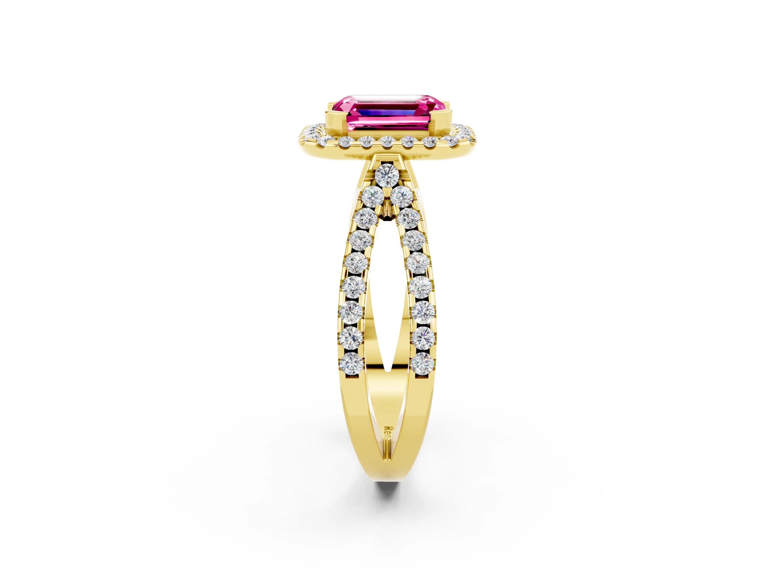 Yellow gold Emerald Cut Pink Sapphire Halo Ring with Split Shank Pavé Band and Prong Setting_14