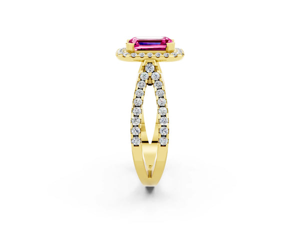 Yellow gold Emerald Cut Pink Sapphire Halo Ring with Split Shank Pavé Band and Prong Setting