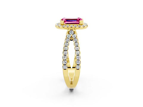 Yellow gold Emerald Cut Pink Sapphire Halo Ring with Split Shank Pavé Band and Prong Setting_14