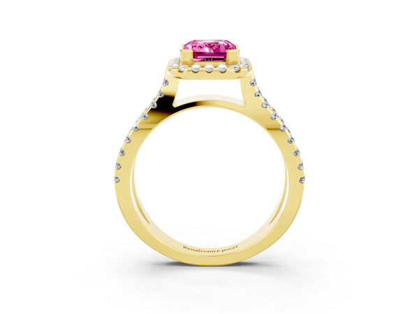 Yellow gold Emerald Cut Pink Sapphire Halo Ring with Split Shank Pavé Band and Prong Setting