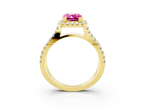 Yellow gold Emerald Cut Pink Sapphire Halo Ring with Split Shank Pavé Band and Prong Setting_15