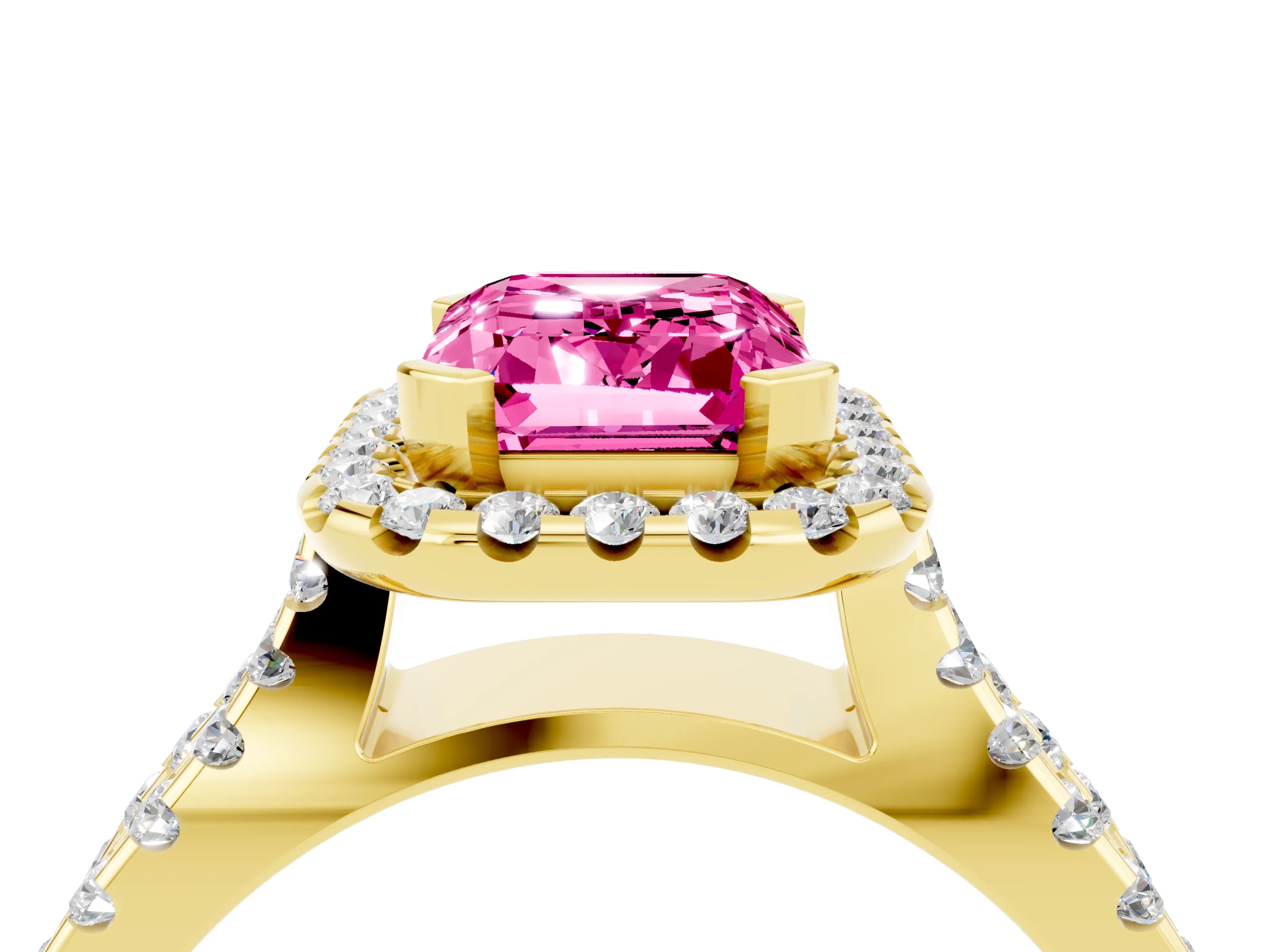 Yellow gold Emerald Cut Pink Sapphire Halo Ring with Split Shank Pavé Band and Prong Setting_16