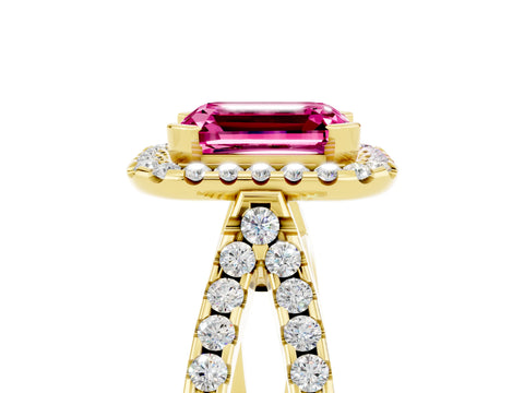 Yellow gold Emerald Cut Pink Sapphire Halo Ring with Split Shank Pavé Band and Prong Setting_17