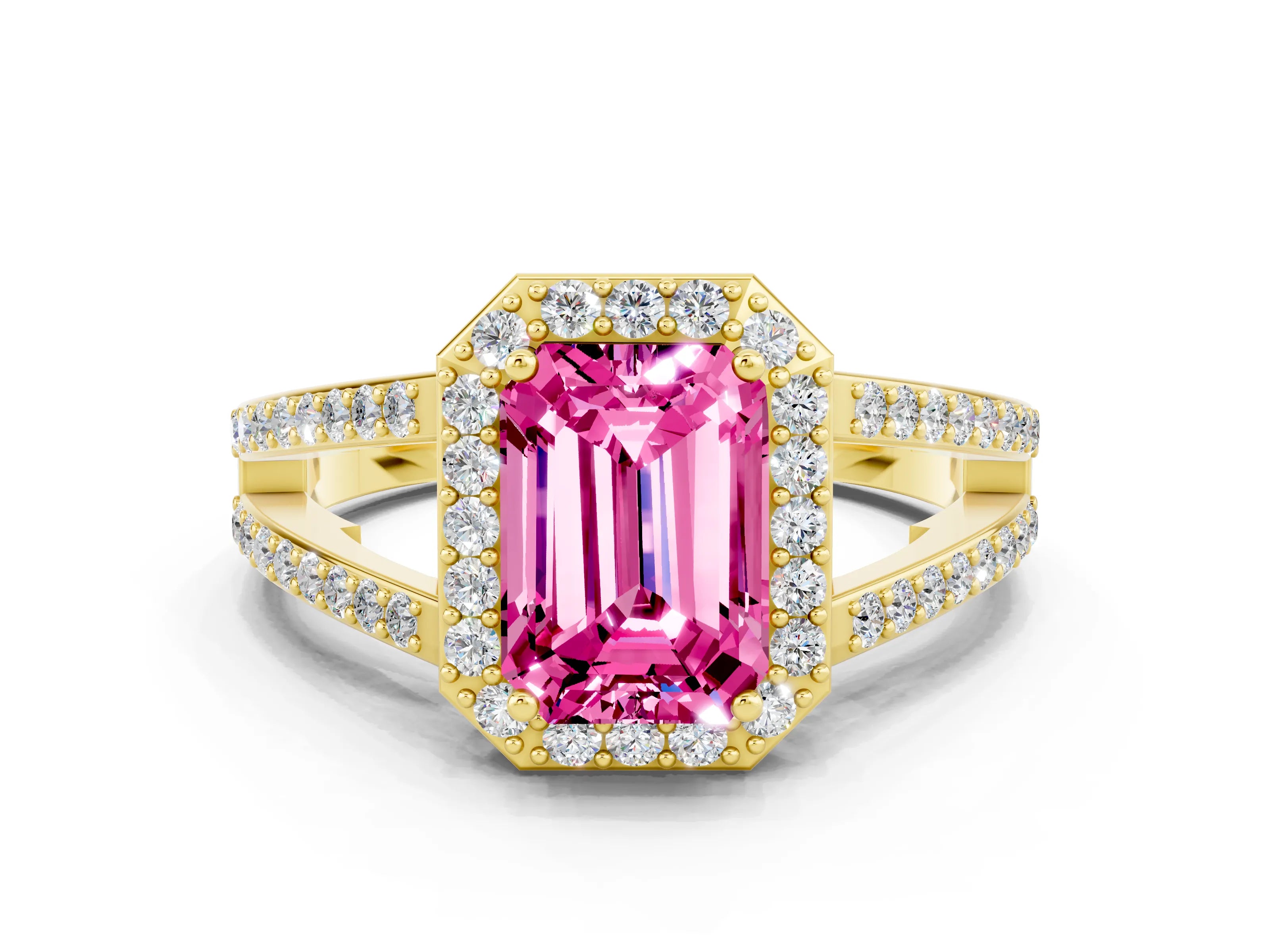 Yellow gold Emerald Cut Pink Sapphire Halo Ring with Split Shank U-Prong Band and Four-Prong Setting