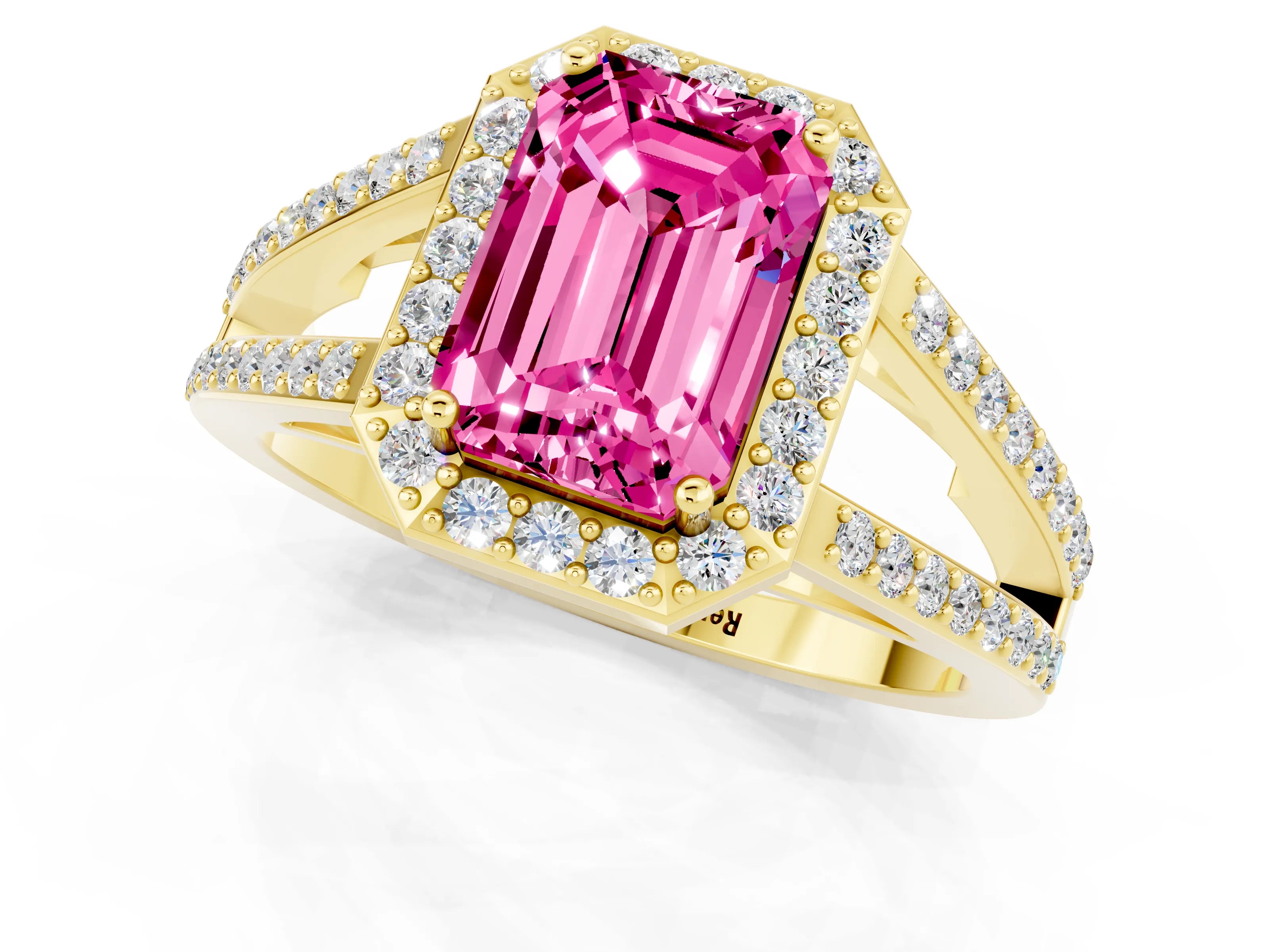 Yellow gold Emerald Cut Pink Sapphire Halo Ring with Split Shank U-Prong Band and Four-Prong Setting_1