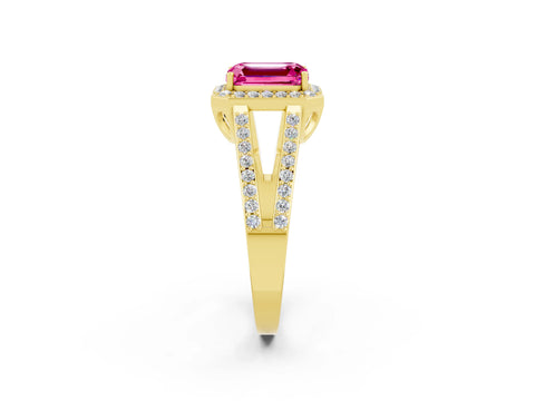 Yellow gold Emerald Cut Pink Sapphire Halo Ring with Split Shank U-Prong Band and Four-Prong Setting_2