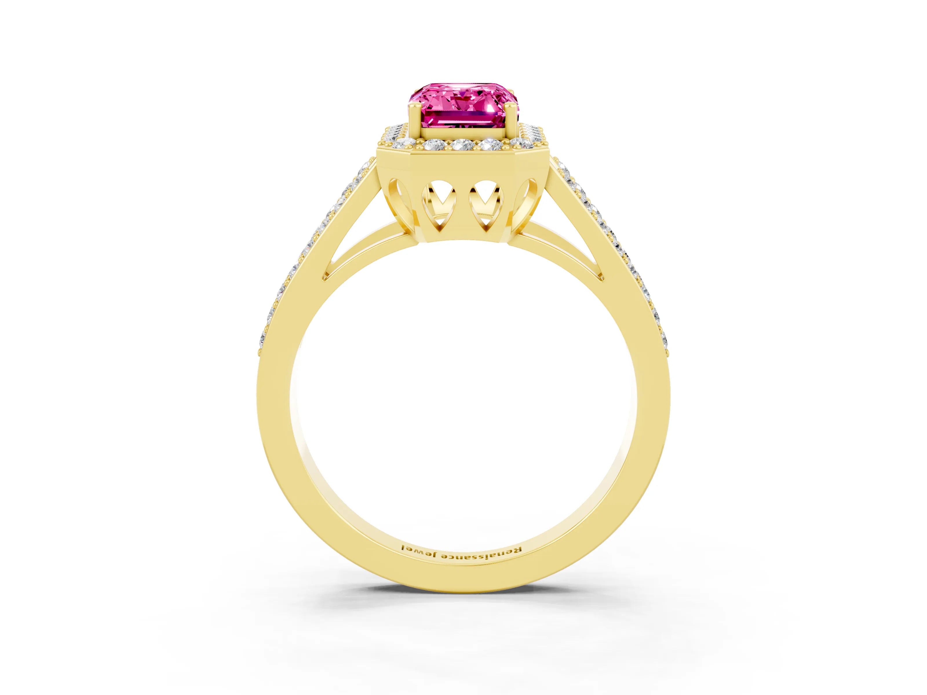 Yellow gold Emerald Cut Pink Sapphire Halo Ring with Split Shank U-Prong Band and Four-Prong Setting_3