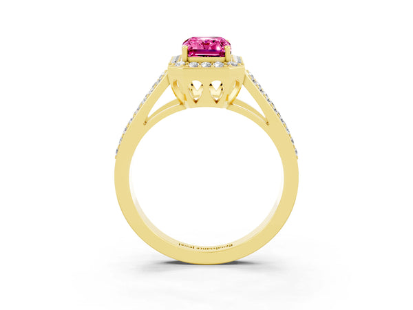 Yellow gold Emerald Cut Pink Sapphire Halo Ring with Split Shank U-Prong Band and Four-Prong Setting