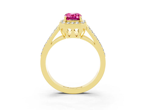 Yellow gold Emerald Cut Pink Sapphire Halo Ring with Split Shank U-Prong Band and Four-Prong Setting_3