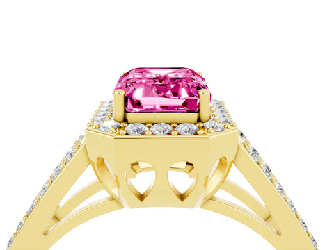 Yellow gold Emerald Cut Pink Sapphire Halo Ring with Split Shank U-Prong Band and Four-Prong Setting_4