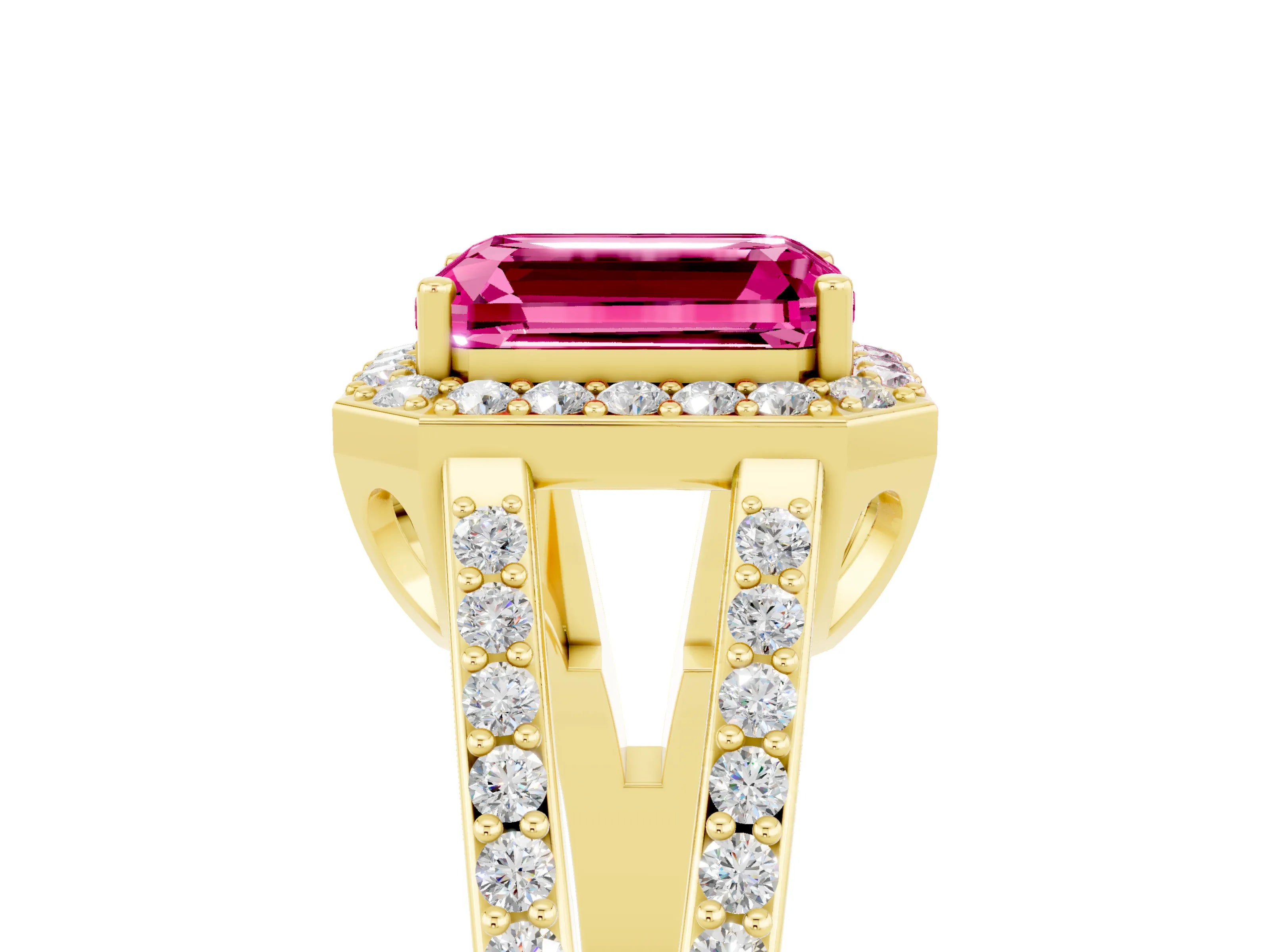 Yellow gold Emerald Cut Pink Sapphire Halo Ring with Split Shank U-Prong Band and Four-Prong Setting_5