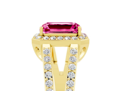 Yellow gold Emerald Cut Pink Sapphire Halo Ring with Split Shank U-Prong Band and Four-Prong Setting_5