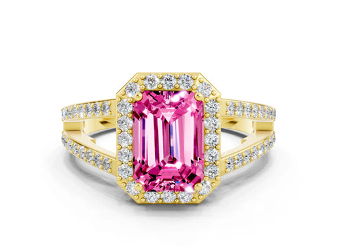 Yellow gold Emerald Cut Pink Sapphire Halo Ring with Split Shank U-Prong Band and Four-Prong Setting