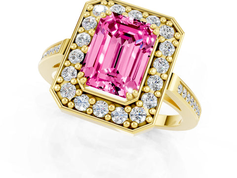 Yellow gold Emerald Cut Pink Sapphire Halo Ring with Split Shank and Four-Prong Setting_1