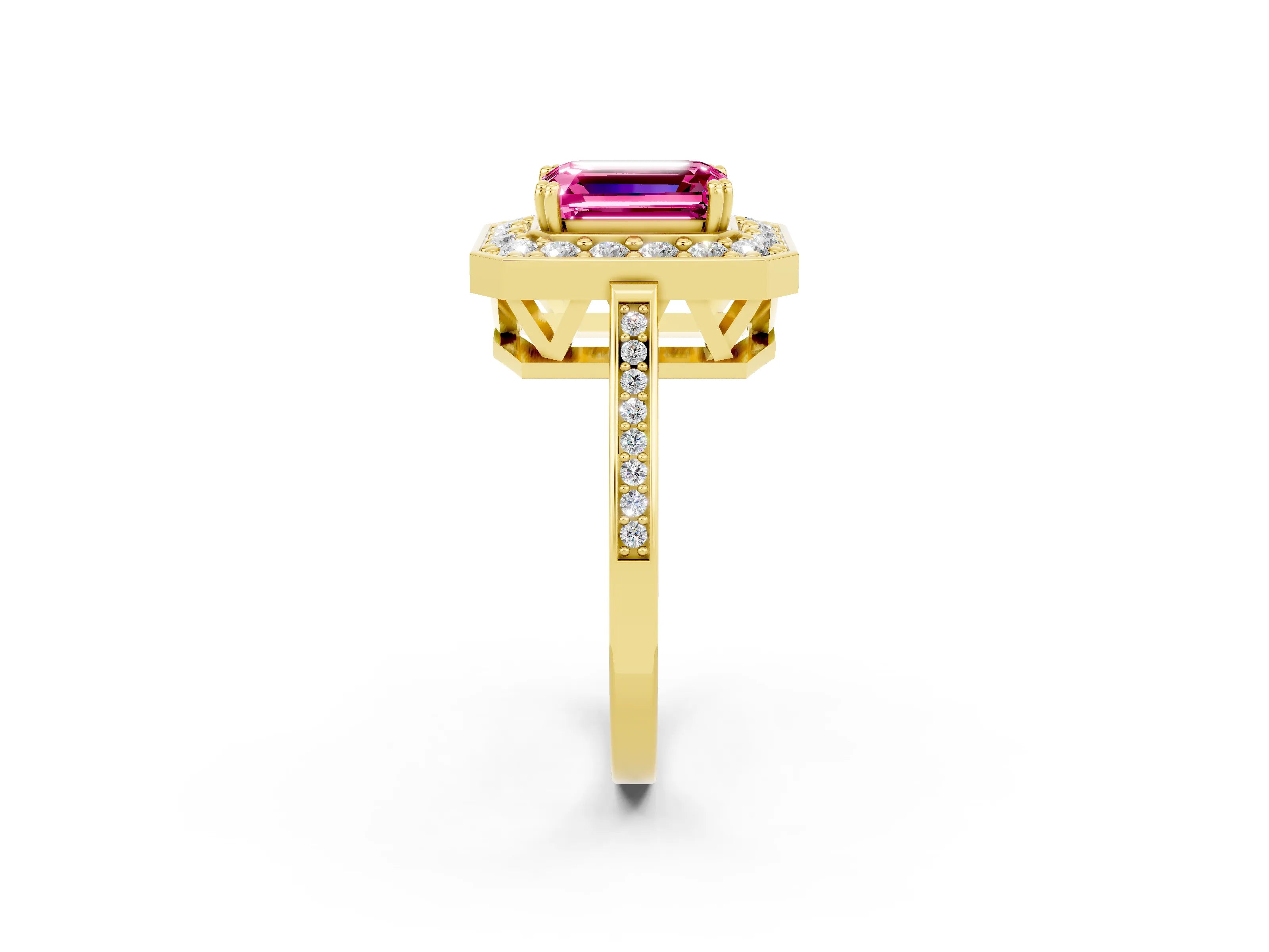 Yellow gold Emerald Cut Pink Sapphire Halo Ring with Split Shank and Four-Prong Setting_2