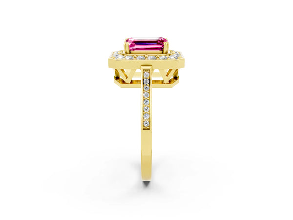 Yellow gold Emerald Cut Pink Sapphire Halo Ring with Split Shank and Four-Prong Setting