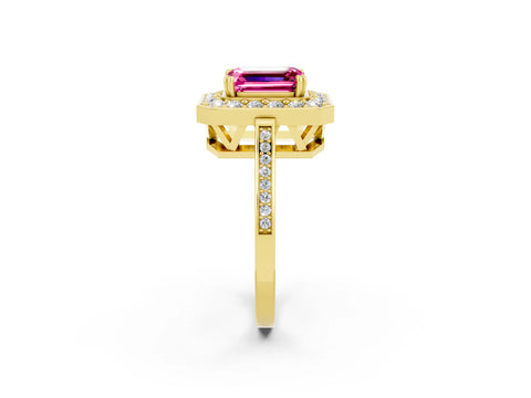 Yellow gold Emerald Cut Pink Sapphire Halo Ring with Split Shank and Four-Prong Setting_2