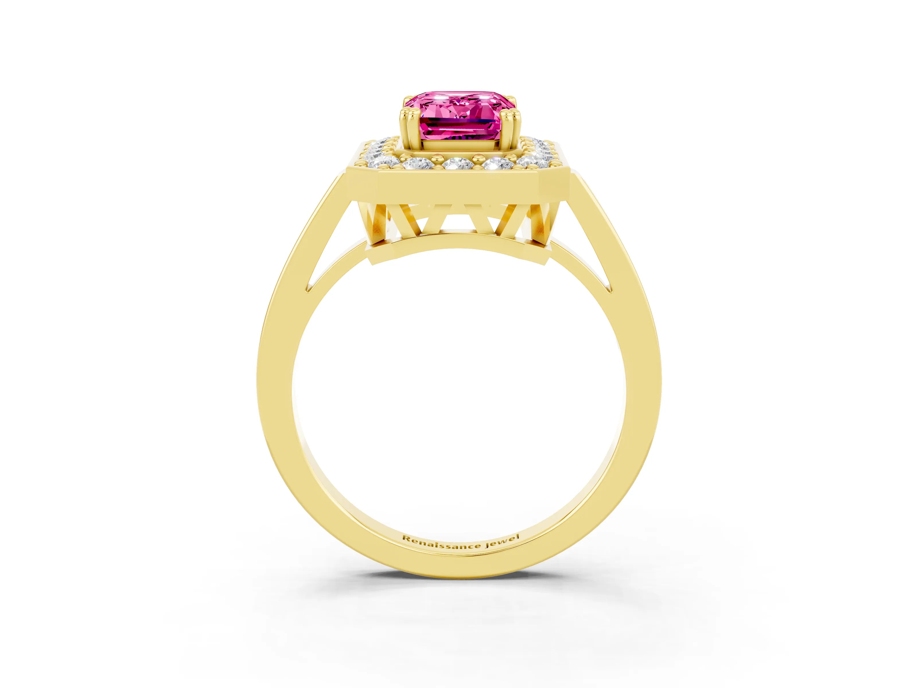 Yellow gold Emerald Cut Pink Sapphire Halo Ring with Split Shank and Four-Prong Setting_3
