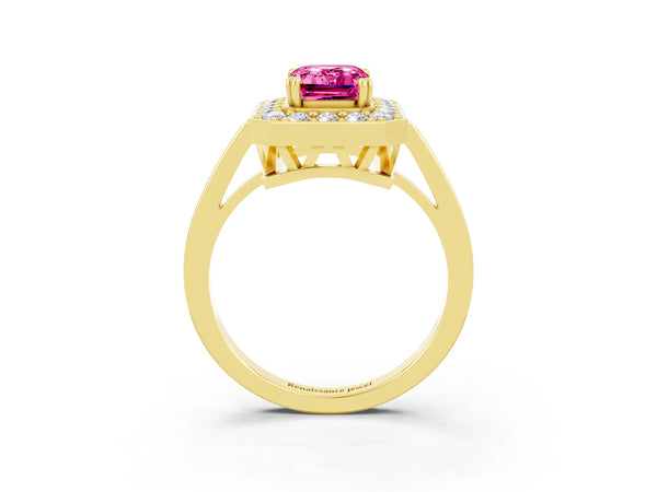 Yellow gold Emerald Cut Pink Sapphire Halo Ring with Split Shank and Four-Prong Setting