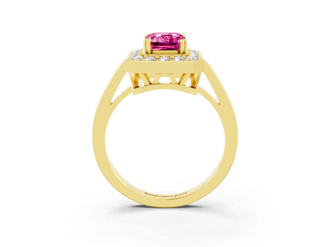 Yellow gold Emerald Cut Pink Sapphire Halo Ring with Split Shank and Four-Prong Setting_3