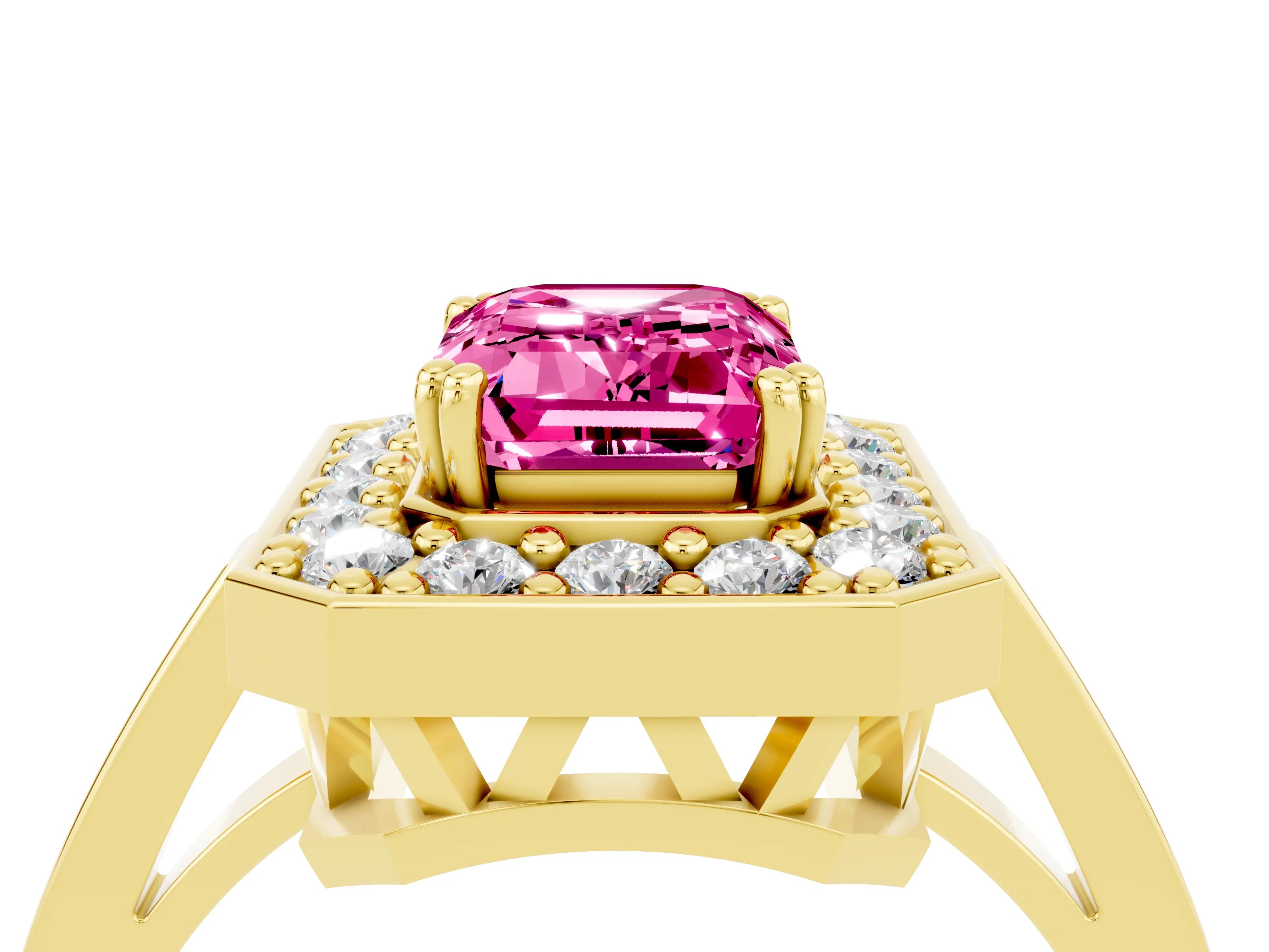 Yellow gold Emerald Cut Pink Sapphire Halo Ring with Split Shank and Four-Prong Setting_4