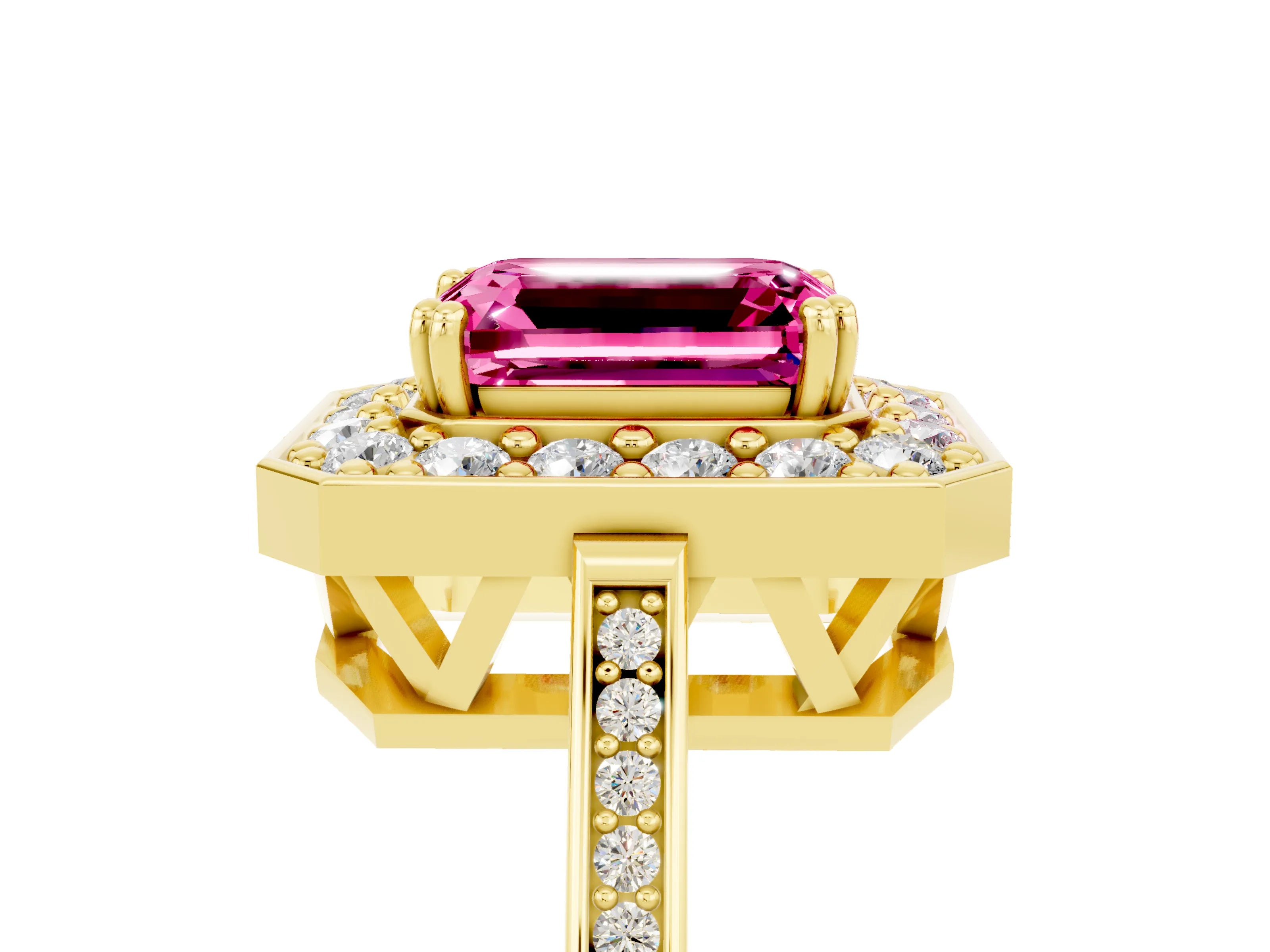 Yellow gold Emerald Cut Pink Sapphire Halo Ring with Split Shank and Four-Prong Setting_5