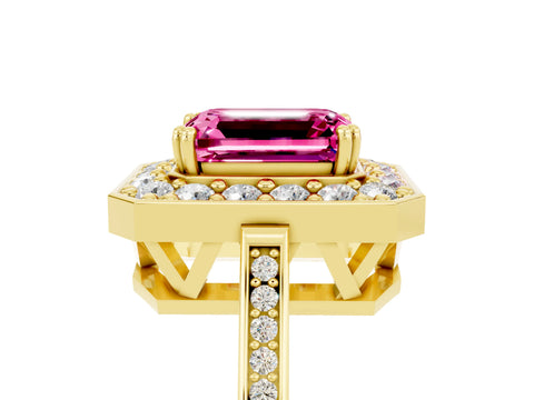 Yellow gold Emerald Cut Pink Sapphire Halo Ring with Split Shank and Four-Prong Setting_5