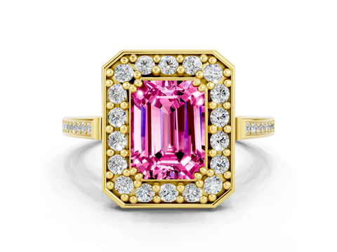Yellow gold Emerald Cut Pink Sapphire Halo Ring with Split Shank and Four-Prong Setting